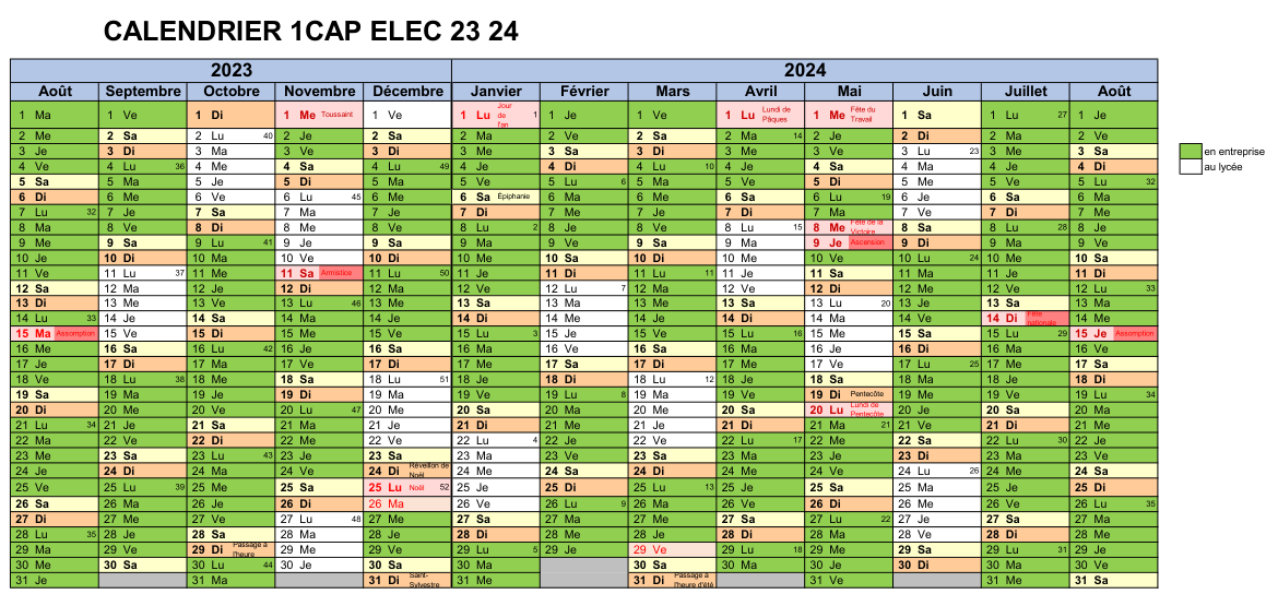 Calendrier 1CAP ELEC 2023-2024