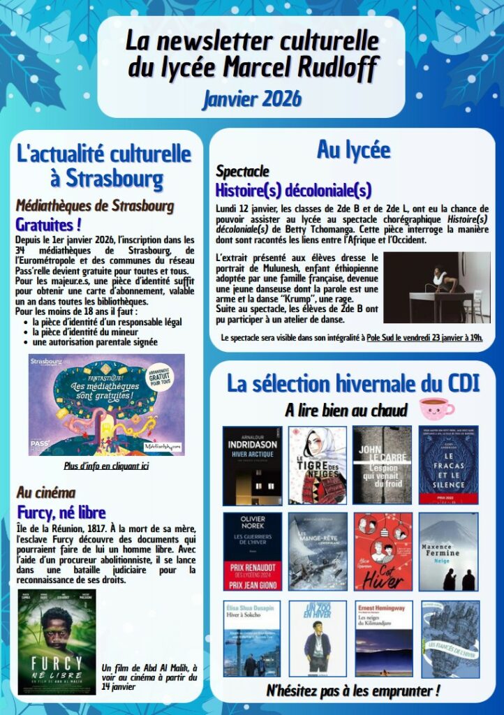 La « newsletter culturelle » du lycée Marcel Rudloff